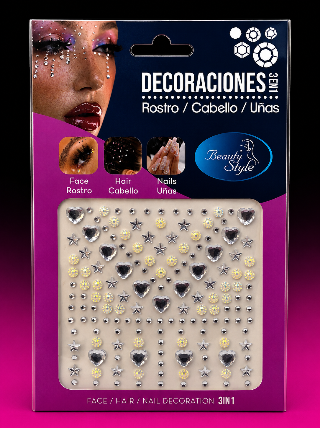 DECORACIONES 3 EN 1 PARA ROSTRO, CABELLO Y UÑAS