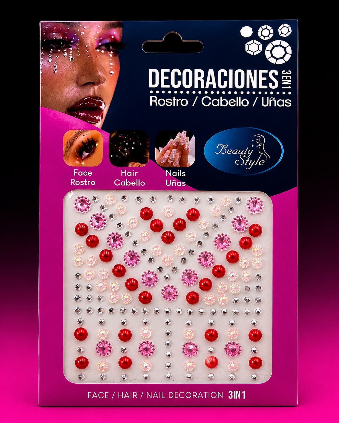 DECORACIONES 3 EN 1 PARA ROSTRO, CABELLO Y UÑAS
