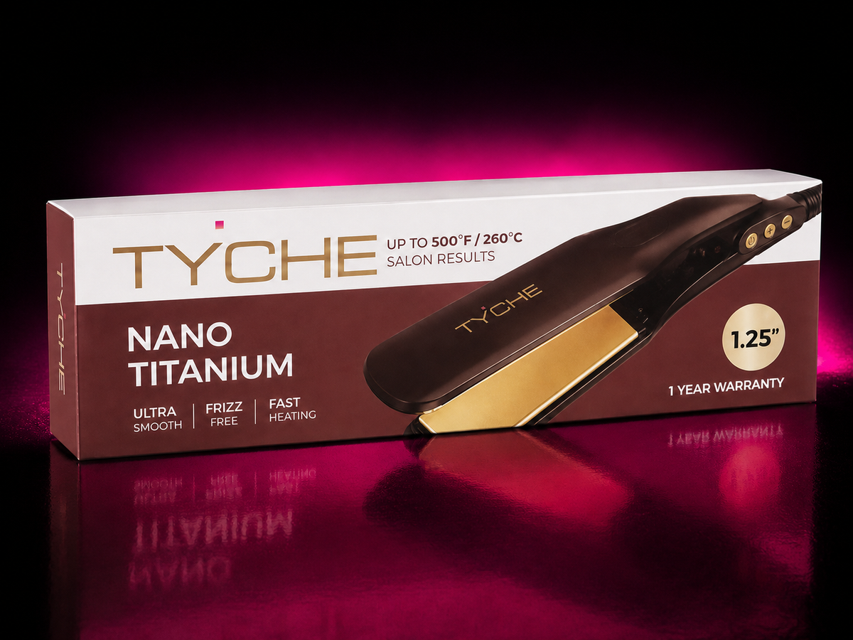 TYCHE NANO TITANIUM FLAT IRON – BLACK &amp; GOLD 1 ¾"