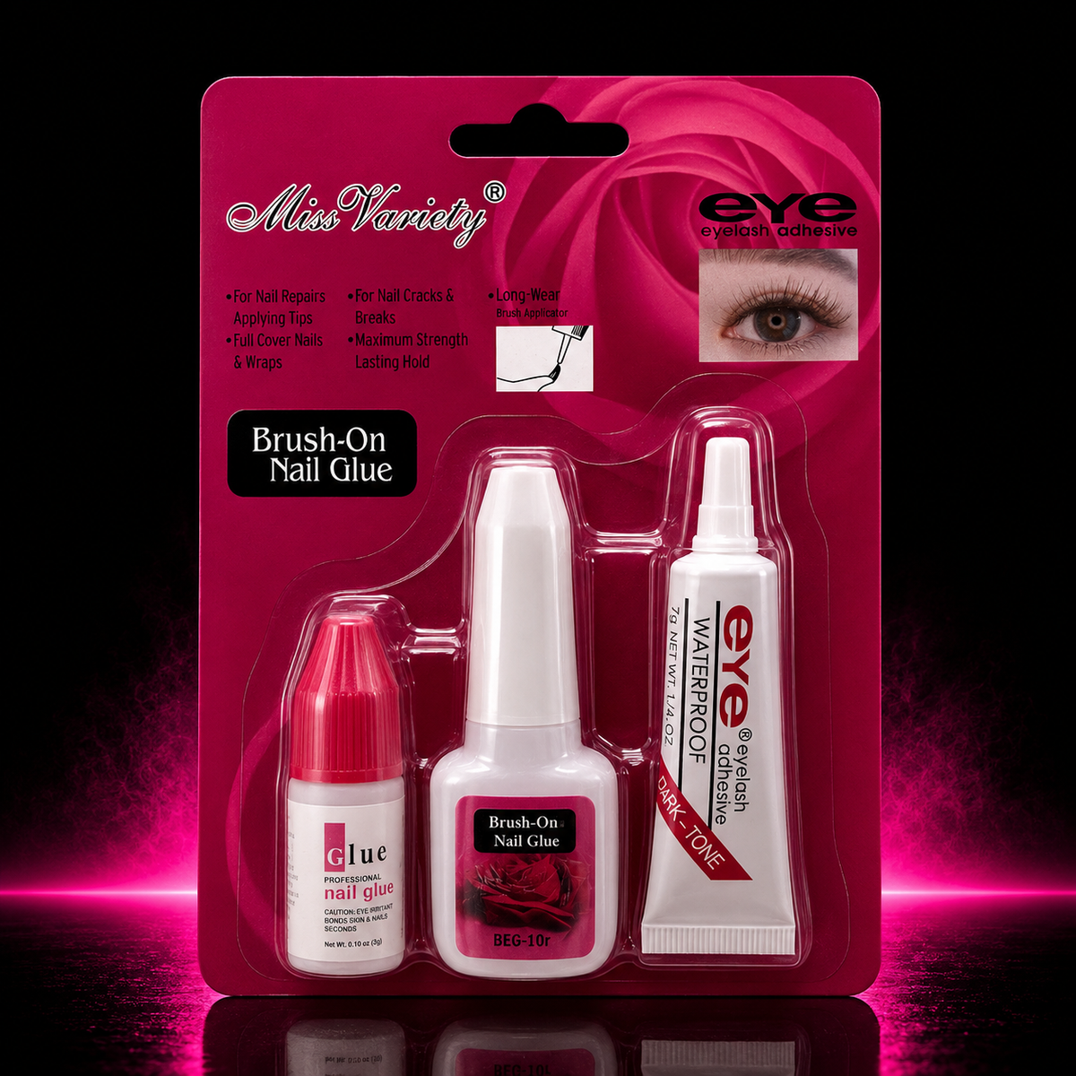 MISS VARIETY EYELASH\NAIL GLUE TRIO