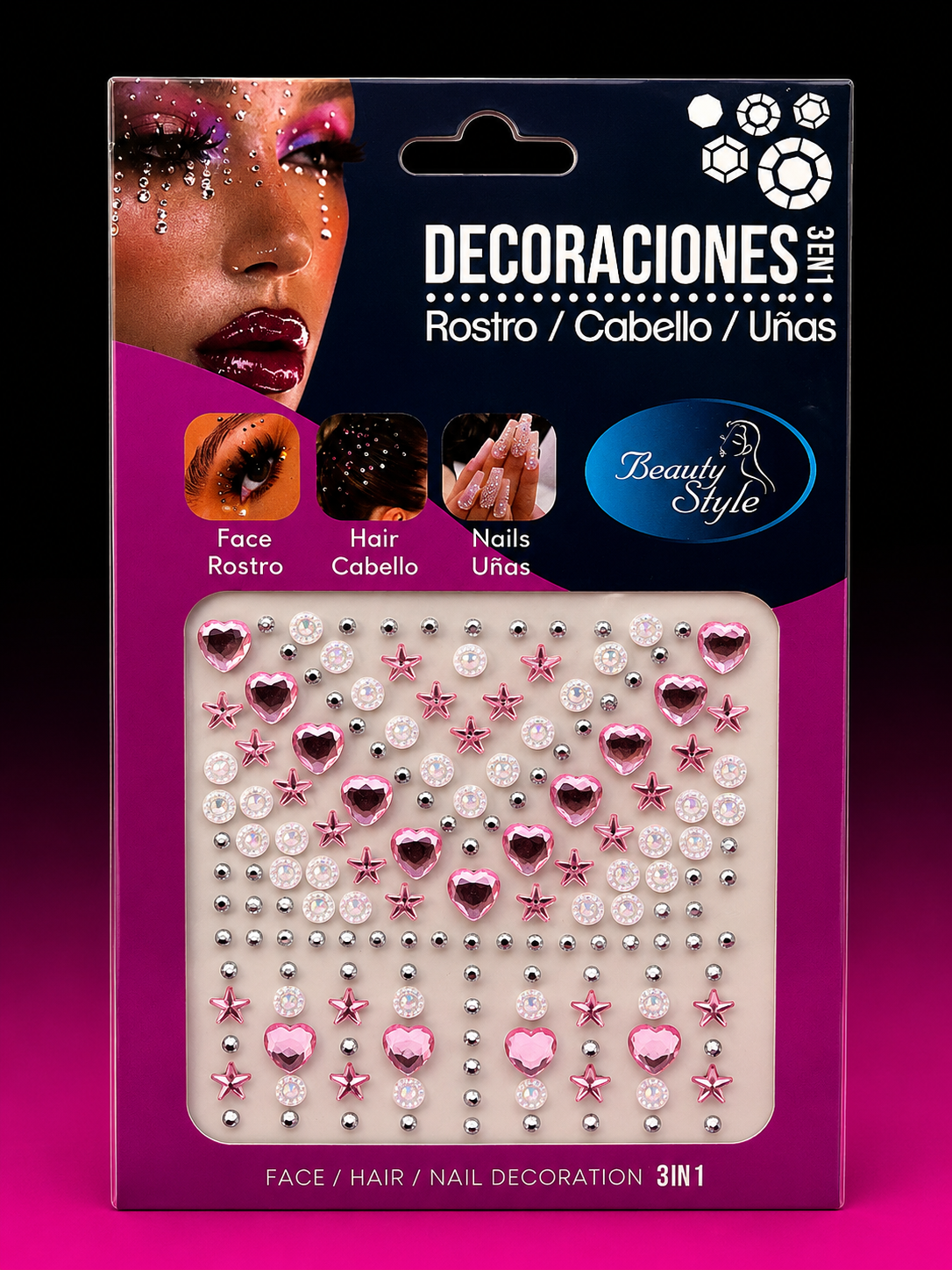 DECORACIONES 3 EN 1 PARA ROSTRO, CABELLO Y UÑAS