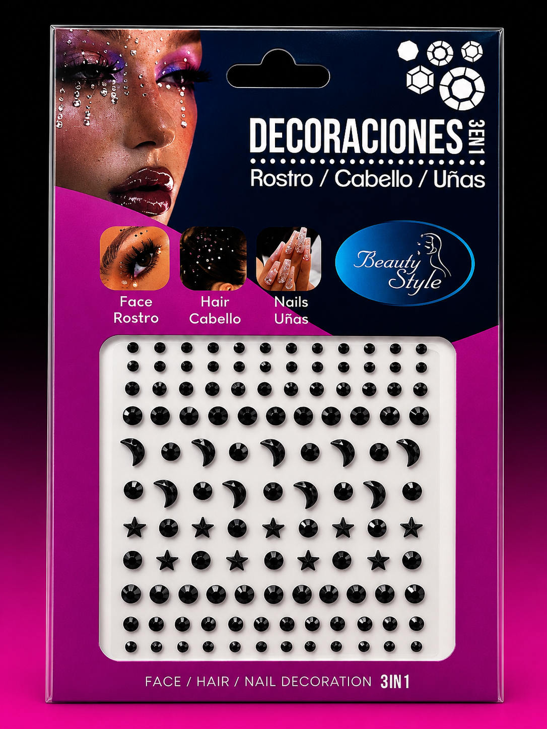 DECORACIONES 3 EN 1 PARA ROSTRO, CABELLO Y UÑAS